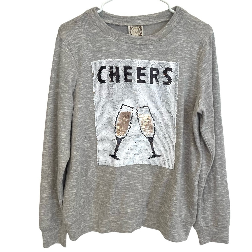 Tru Self Truself Womens M Cheers Flip Sequin Sweatshirt Top Gray New Years